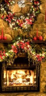 Cozy holiday fireplace with festive garlands and glowing lights.