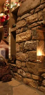 Rustic fireplace with holiday decor and warm fire.