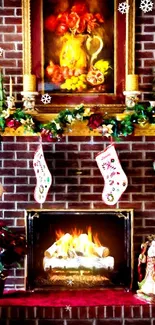 Christmas fireplace with decorative stockings and a warm fire.