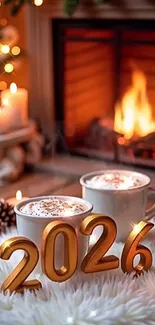 Cozy holiday scene with fireplace and 2026 decor