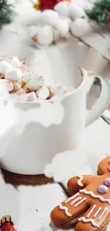 Cup of hot cocoa with marshmallows and gingerbread cookie.