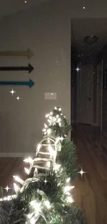 Festive holiday garland with warm string lights along hallway.