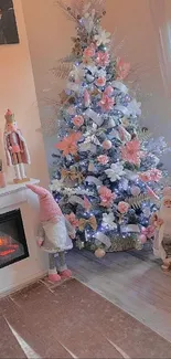 Festive living room with Christmas tree and fireplace decor.