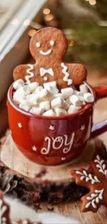 Gingerbread cookie in red mug with marshmallows, holiday wallpaper.