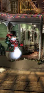 Festive snowman on a decorated porch with colorful lights.