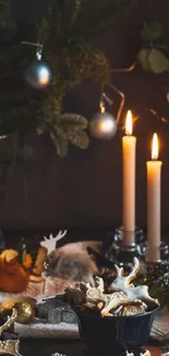 Cozy holiday scene with candles and cookies.