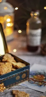 Warm holiday scene with cookies and twinkling lights.