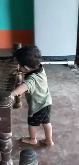 Child exploring a rustic home room with warm tones.