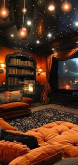 Luxurious home theater with plush sofas and ambient lighting.