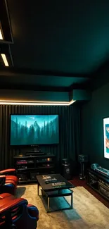 Cozy home theater with red chairs and a large screen in dim lighting.