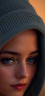 Portrait of a woman in a cozy hoodie with warm lighting.