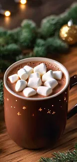 Brown mug of hot chocolate with marshmallows on a festive wooden table.