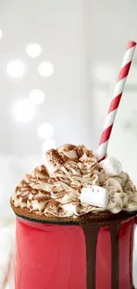 Red mug with hot chocolate, cream, and marshmallows.