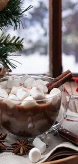 Hot chocolate with marshmallows and cinnamon on a festive winter background.