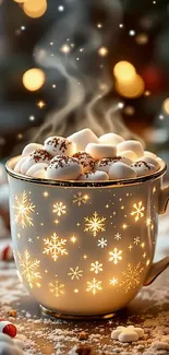 A steaming cup of hot cocoa with marshmallows in a festive mug.