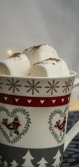 Festive mug of hot cocoa with marshmallows.