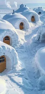 Snow-covered igloos with wooden doors in a tranquil winter setting.