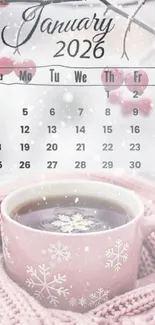 January 2026 calendar with pink mug and sweater.