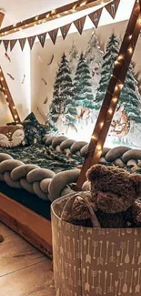 Cozy children's room with string lights and a teddy bear decoration.