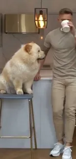 Cozy kitchen with dog and person enjoying a drink.