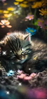 Sleeping kitten in a vibrant flower garden background.