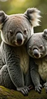 Koalas cuddling on a branch surrounded by autumn leaves.