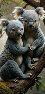 Two koalas sitting peacefully on a tree branch in a lush green forest.