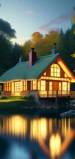 Cozy cabin by lakeside with autumn foliage reflected in tranquil evening waters.