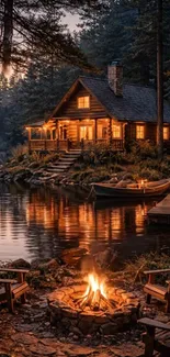A cozy cabin by a lake with a campfire in the foreground at dusk.