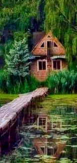 Serene cabin by lake surrounded by lush greenery.