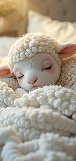 Cute lamb sleeping in fluffy wool blanket.