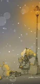 Illustration of child under a glowing lamp post with falling snow.