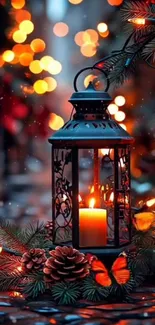 A cozy lantern surrounded by glowing festive lights and pine cones.