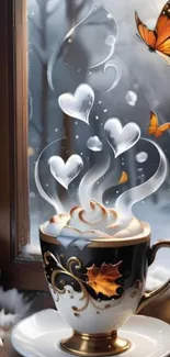 Steaming coffee with butterflies by a snowy window.