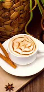 Cozy latte with cinnamon sticks in a warm, rustic setting.