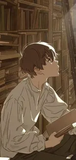 Anime character in a cozy library setting with warm brown tones.