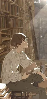 Anime-style library scene with a young man reading.