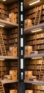 Tall library shelves filled with books and ladders.