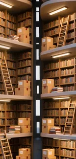 Library with tall bookshelves and ladders in cozy setting.