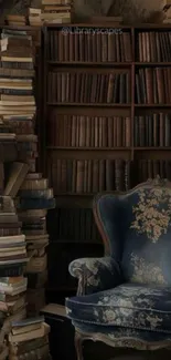 Vintage library with armchair and bookshelves filled with books.