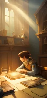 Cozy study in a library with sunlight streaming through a window.