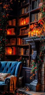 Cozy library with candles and a glowing fireplace