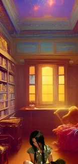 Warm, cozy library with sunset glow and stacks of books.