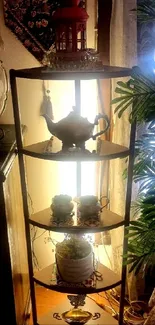 Wooden shelf with teapots and plants, lit in a cozy room.