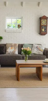 Cozy living room with sofa and rustic clock.