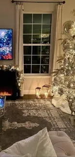 Festive living room with Christmas tree and fireplace.