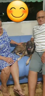 Cozy room with a dog and smiling emoji.