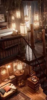 Cozy loft bedroom with rustic decor and warm lighting.