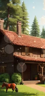 Rustic log cabin nestled in lush forest with horses grazing nearby.