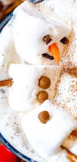 Marshmallow snowman in hot chocolate close-up.